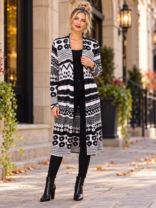 Investments Jackets & Blazers - Slim Factor by Investments Black White Abstract Longline Cardigan M